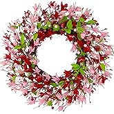 zjlmit 20 Inch Valentine's Day Wreath, Valentines Day Wreaths for Front Door with Pink Forsythia Flowers, Heart Shaped Berries and Green Leaves for Window, Wall and Anniversary Party Decorations