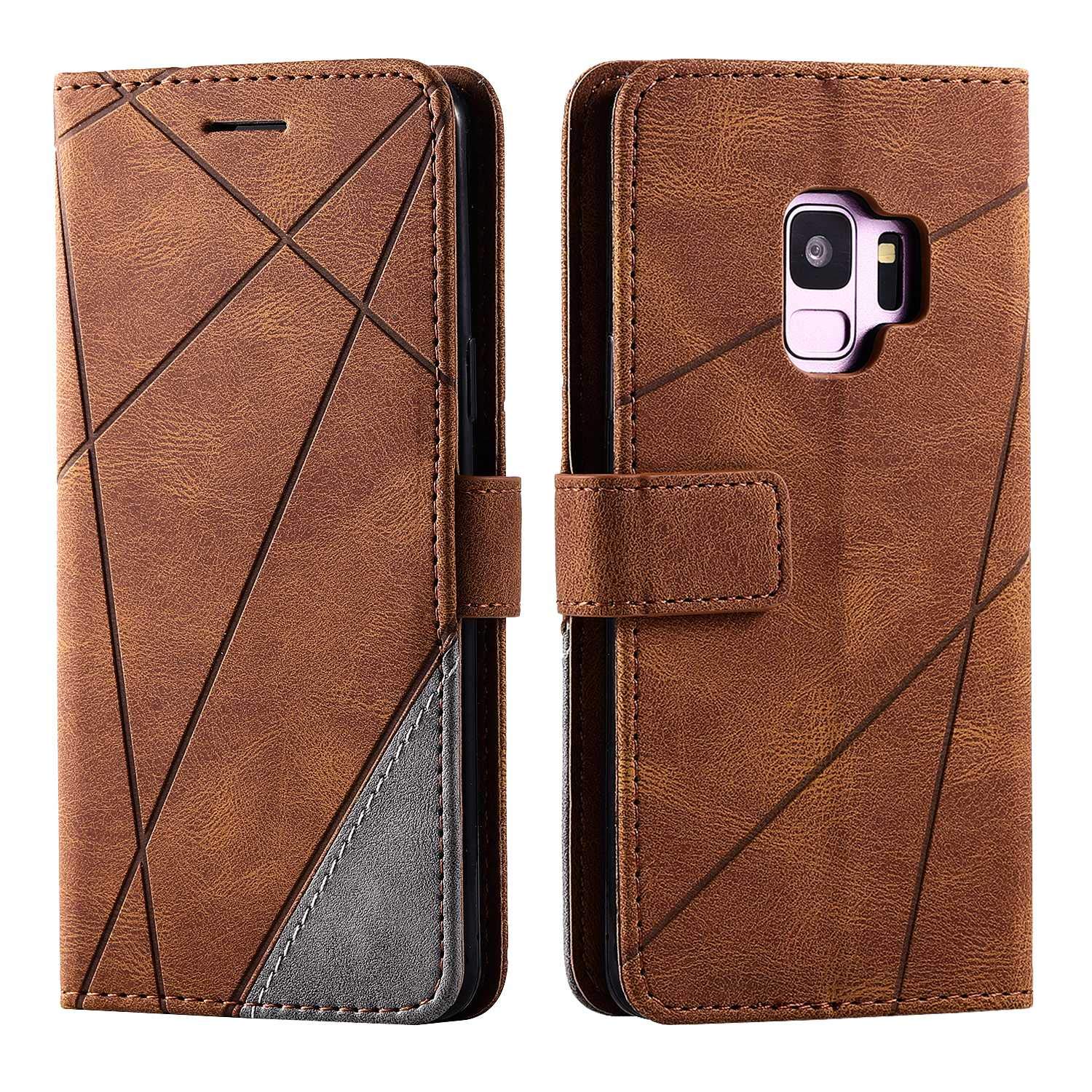 SONWO Case for Galaxy S9 Case, Premium Leather Flip Wallet Case Magnetic Closure Card Slots Kickstand Phone Case for Samsung Galaxy S9, Brown