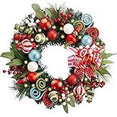 Valery Madelyn 18'' Pre-Lit Christmas Wreath for Front Door with Lights, Lighted Christmas Door Wreath with Multi-Colored Balls & Bow for Home Porch Fireplace Window Holiday Party Wall Decor