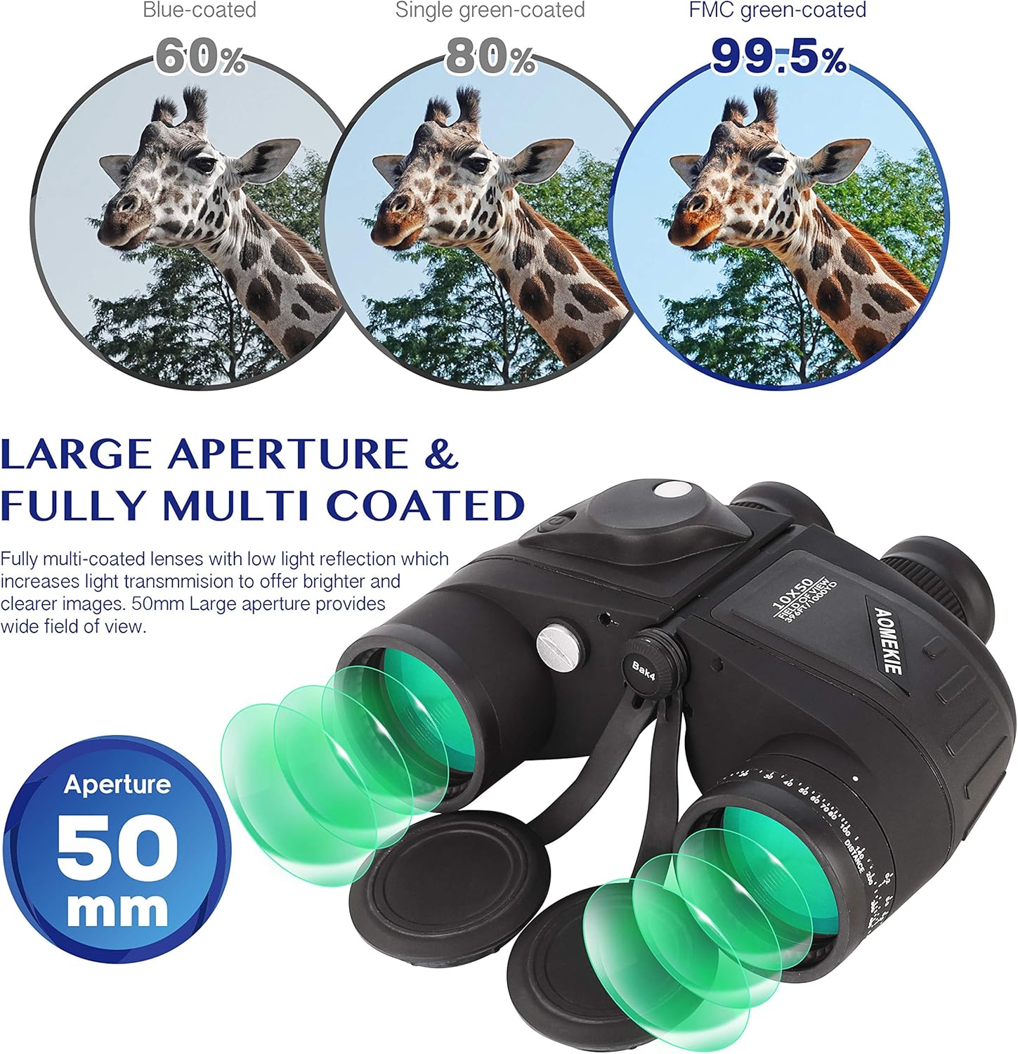 Aomekie Waterproof Binoculars 10X50 for Adults Marine Binoculars with Illuminated Rangefinder Compass Case and Strap BAK4 Porro Prism - Image 3