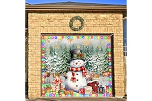 FuWeave 7x8 ft Christmas Garage Door Banner Cover with LED String Light Battery Box，Outdoor Large Snowman Garage Door Decors,2025 Winter Snowman Backdrop for Wall House Party Decor
