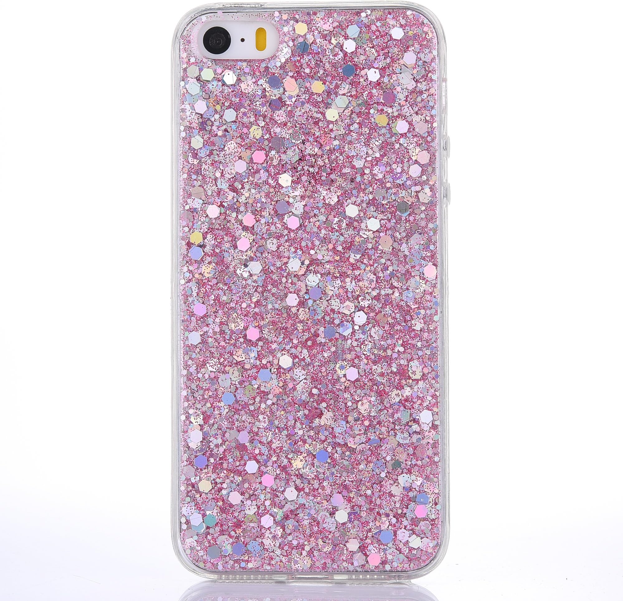 iPhone SE Case/iPhone 5 5S Case [with Tempered Glass Screen Protector],Mo-Beauty Luxury Bling Shiny Sparkle Glitter Soft TPU Case Cover for Apple iPhone 5/5S/SE (Pink)