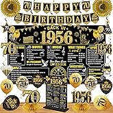 70th Birthday Decorations Kit for Men Women, Black Gold 24PCS Back in 1956 Banner Decorations , Vintage 1956 Banner Wooden Table Sign Poster Hanging Swirl Balloons Paper Fans Cheers to 70 years