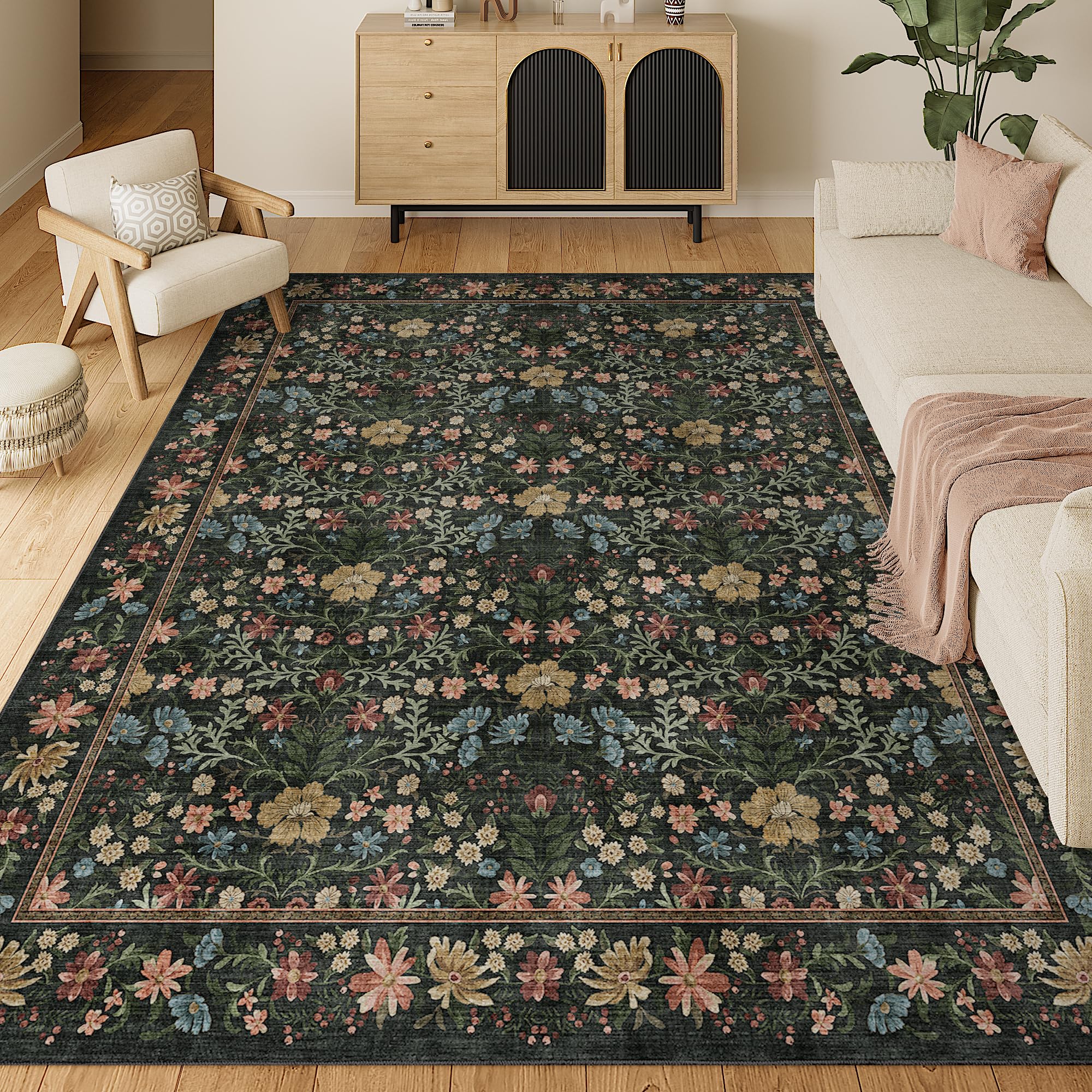 Photo 1 of DUKINO 8x10 Area Rugs for Living Room, Vintage Floral Washable Rug with Non Slip Backing, Soft Low Pile & Non-Shedding Large Carpets for Bedroom, Farmhouse, Dining Room, Home Office, Black