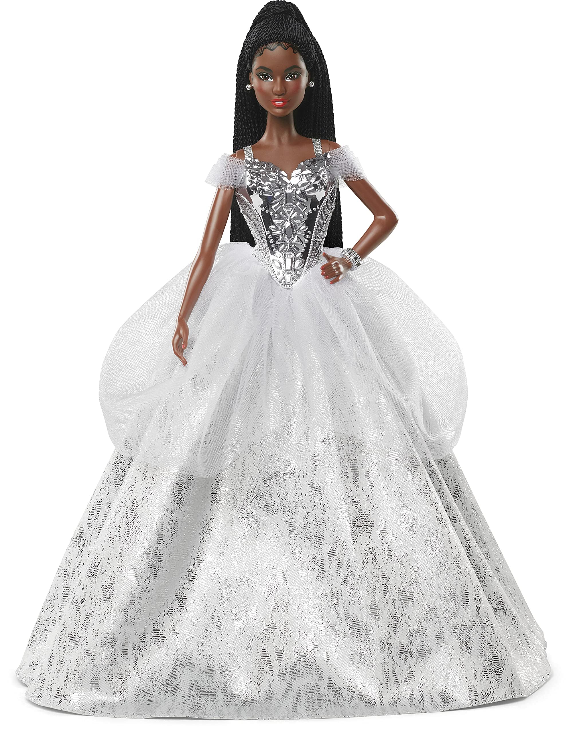 ​Barbie Signature 2021 Holiday Barbie Doll (12-inch, Brunette Braided Hair) in Silver Gown, with Doll Stand and Certificate of Authenticity, Gift for 6 Year Olds and Up