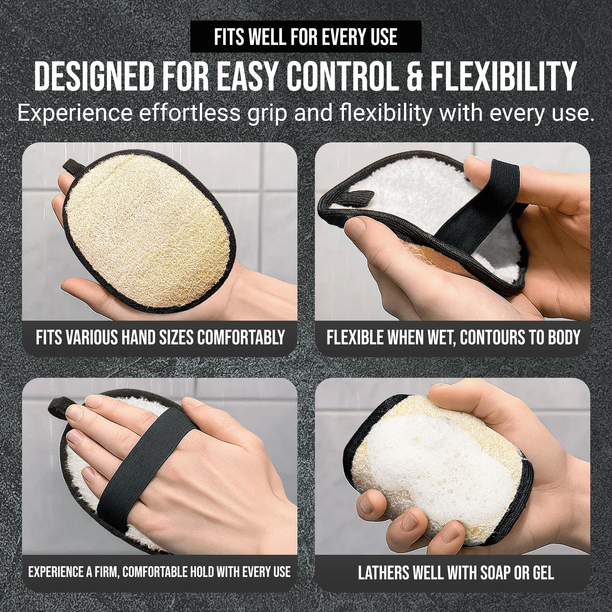 Loofah Body Scrubber for Men – Body Wash & Scrubbing Luffa, Rugged Yet Gentle Lufas for Smoother & Healthier Skin, Terry Cloth Pad for Manly Skin Care, Black & White Masculine Design Loufas Sponge