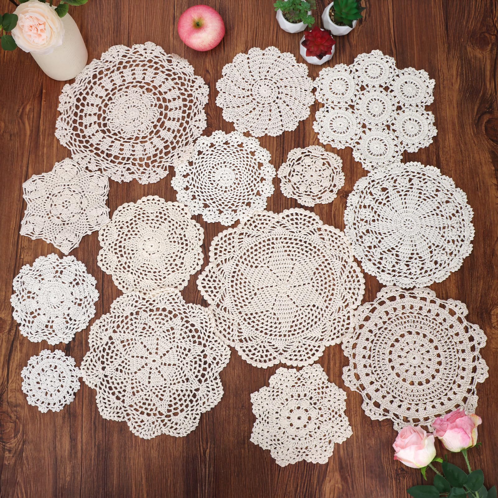 kilofly 14 pcs Cotton Crochet Coasters Doilies 11-30 cm Handmade White Beige Placemats