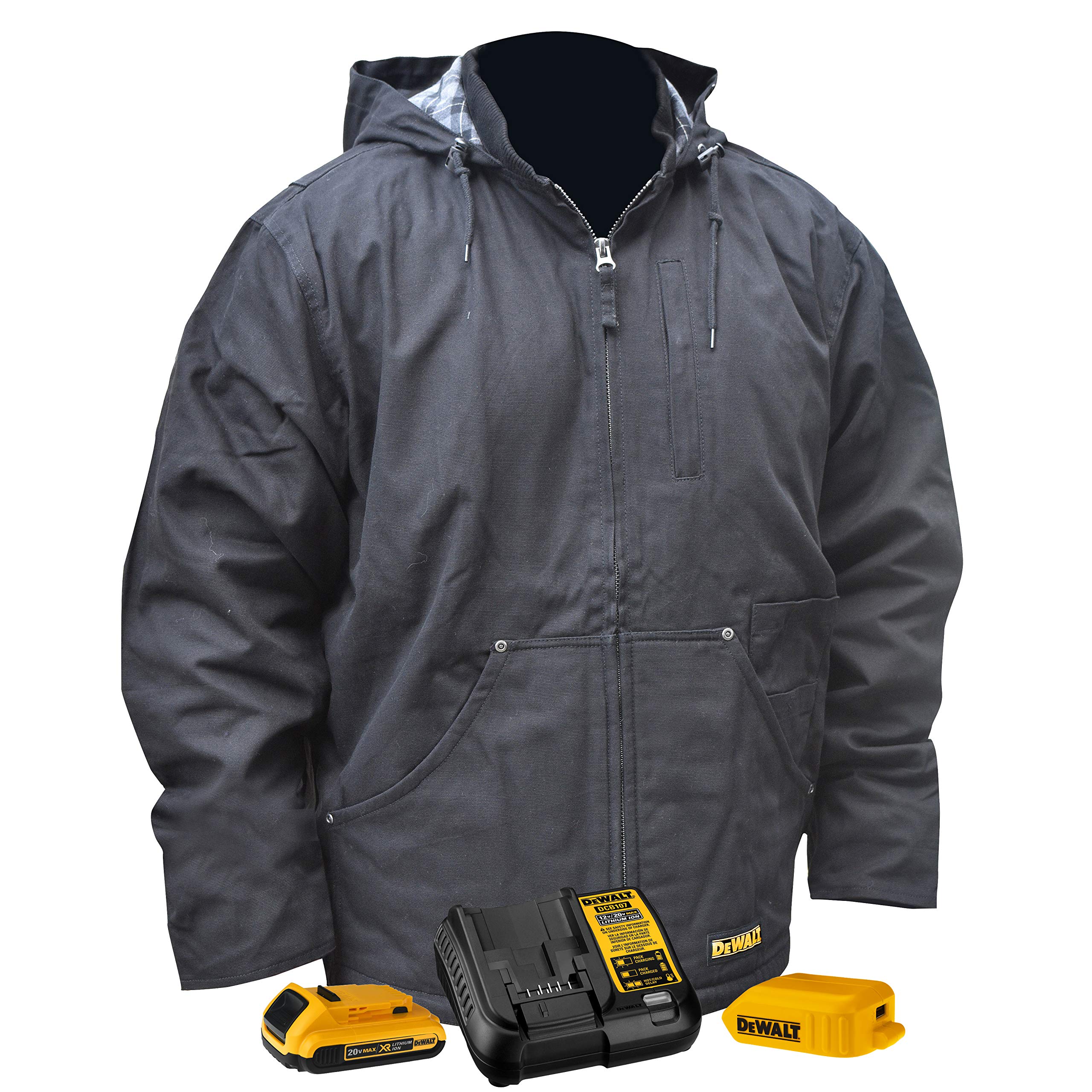 Size XL DEWALT DCHJ076A Heated Heavy Duty Work Coat Kit with 2.0Ah Battery and Charger