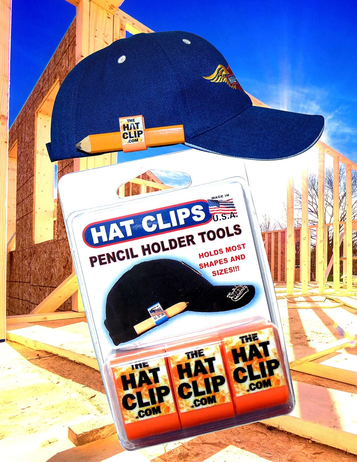Original HAT CLIP PENCIL HOLDER Tool (3 pack ORANGE) attaches to hats caps or visors to hold pen or pencil for construction golf hobbyist wood worker coaches home improvement great gift idea