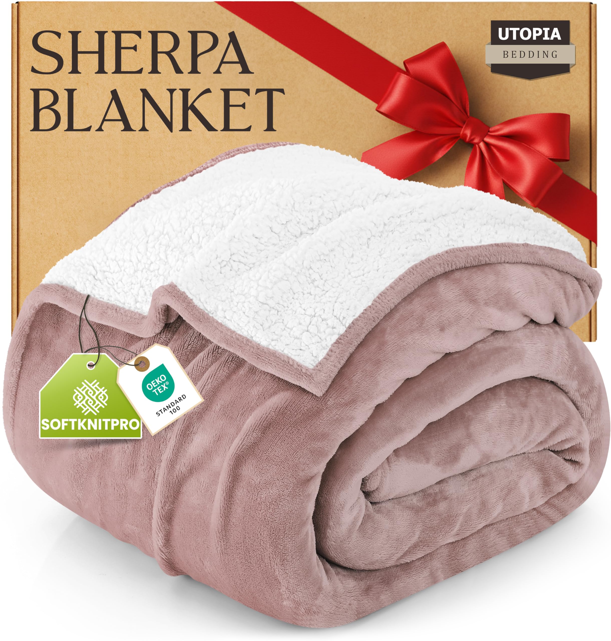 Utopia Bedding Sherpa Blanket California King Size (Rose Pink, 102x96 Inches) - Soft Lightweight Plush Fleece Reversible Blanket for Bed, Sofa, Couch, Camping and Travel Image