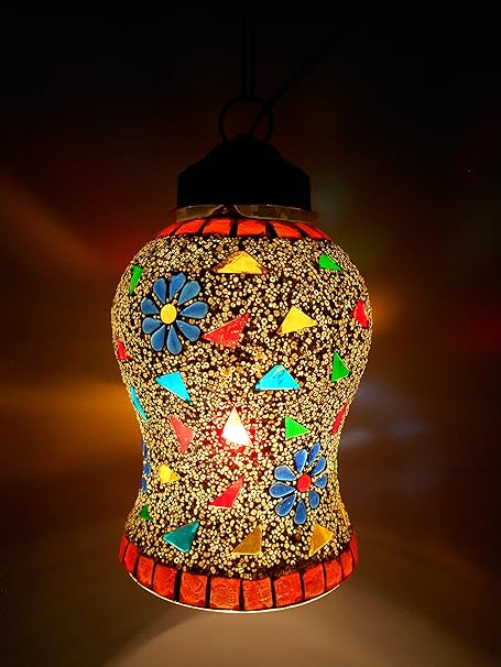 Susajjit Glass Roof Ceiling Lamp with Mosaic Work Hanging Lantern, 12.5 x 12.5 x 21.5 cm, Multicolour