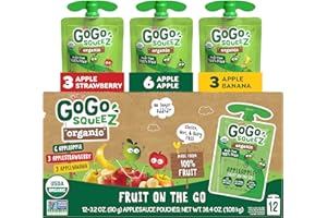 GoGo squeeZ Organic Applesauce and Fruit Puree, Variety Pack, Apple, Strawberry & Banana, 3.2 oz (Pack of 12), Unsweetened Organic Fruit Snacks for Kids, No Gluten, Nut & Dairy, BPA Free Pouches