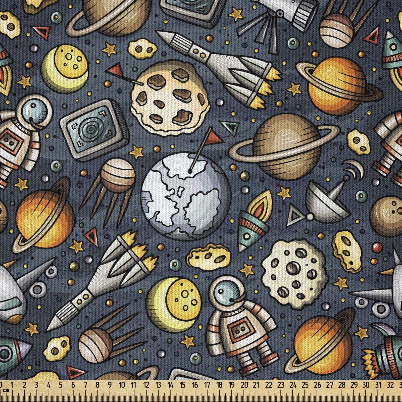 ABAKUHAUS Cartoon Fabric by the Yard, Space Cosmos Galaxy Planet Celestial Objects Nebula UFO Spaceship Exploration Comic, Microfiber Fabric for Arts and Crafts Textiles Decor, 1M, Multicolor