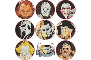 ICECHEN 8 Pcs Diamond Paintings Coasters Kits with Holder, DIY Halloween Coaster Diamond Art Kits,Full Drill Rhinestone Painting Kits for Adults & Kids,Beginners Art Craft Supplies