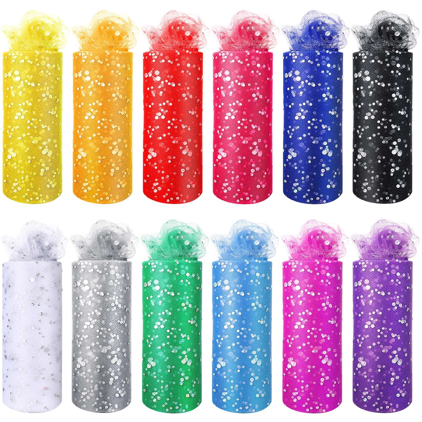 Photo 1 of 12 Pcs Rainbow Glitter Tulle Rolls 6 Inch by 10 Yards 30 Feet Glitter Tulle Rolls Fabric with Shiny Sequin Craft Fabric for Table Chair Sash Bow Pet Tutu Skirt Sewing Wedding Birthday Ribbon