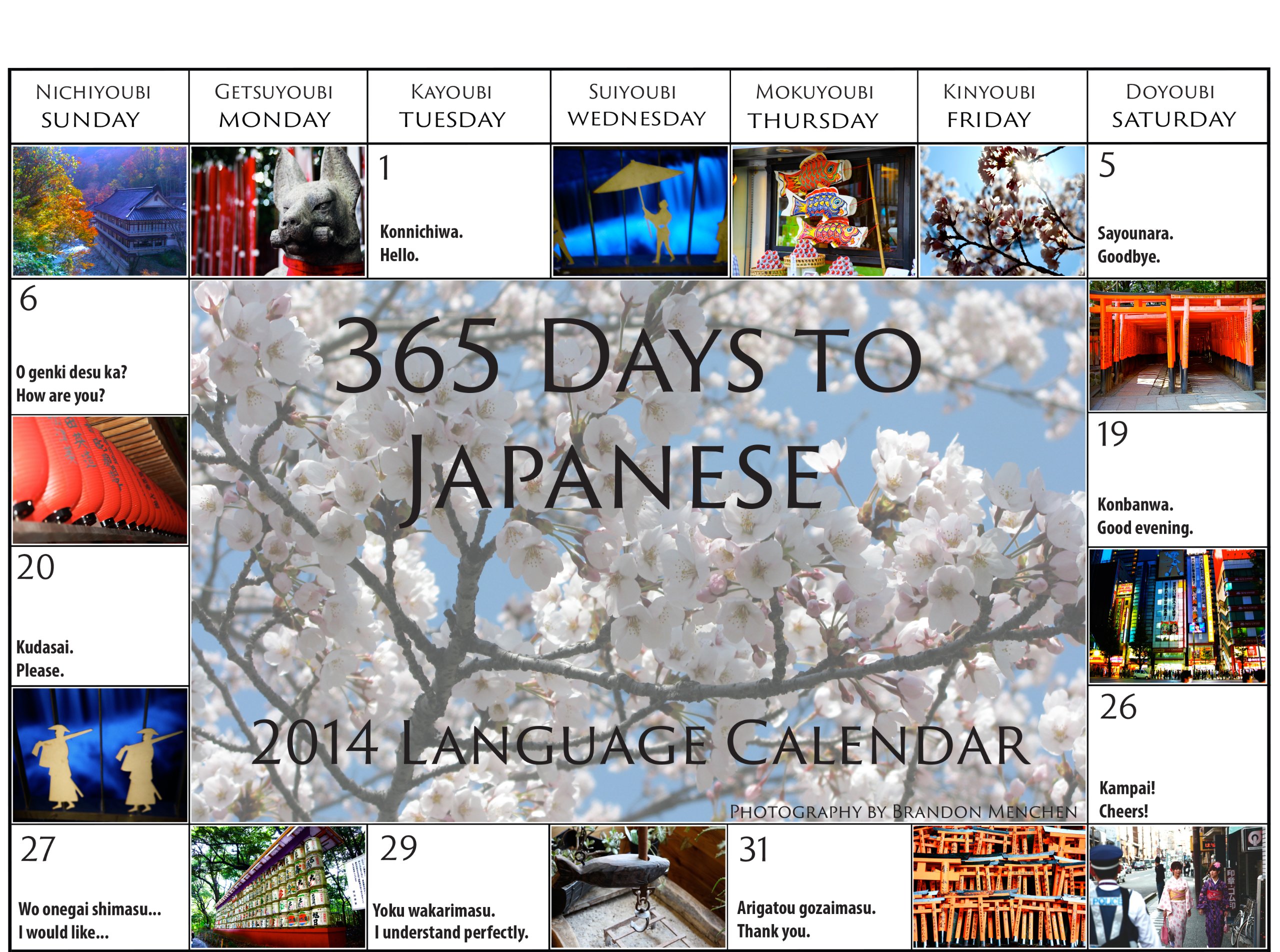 365 Days To Japanese 2014 Language Calendar Brandon Menchen - 