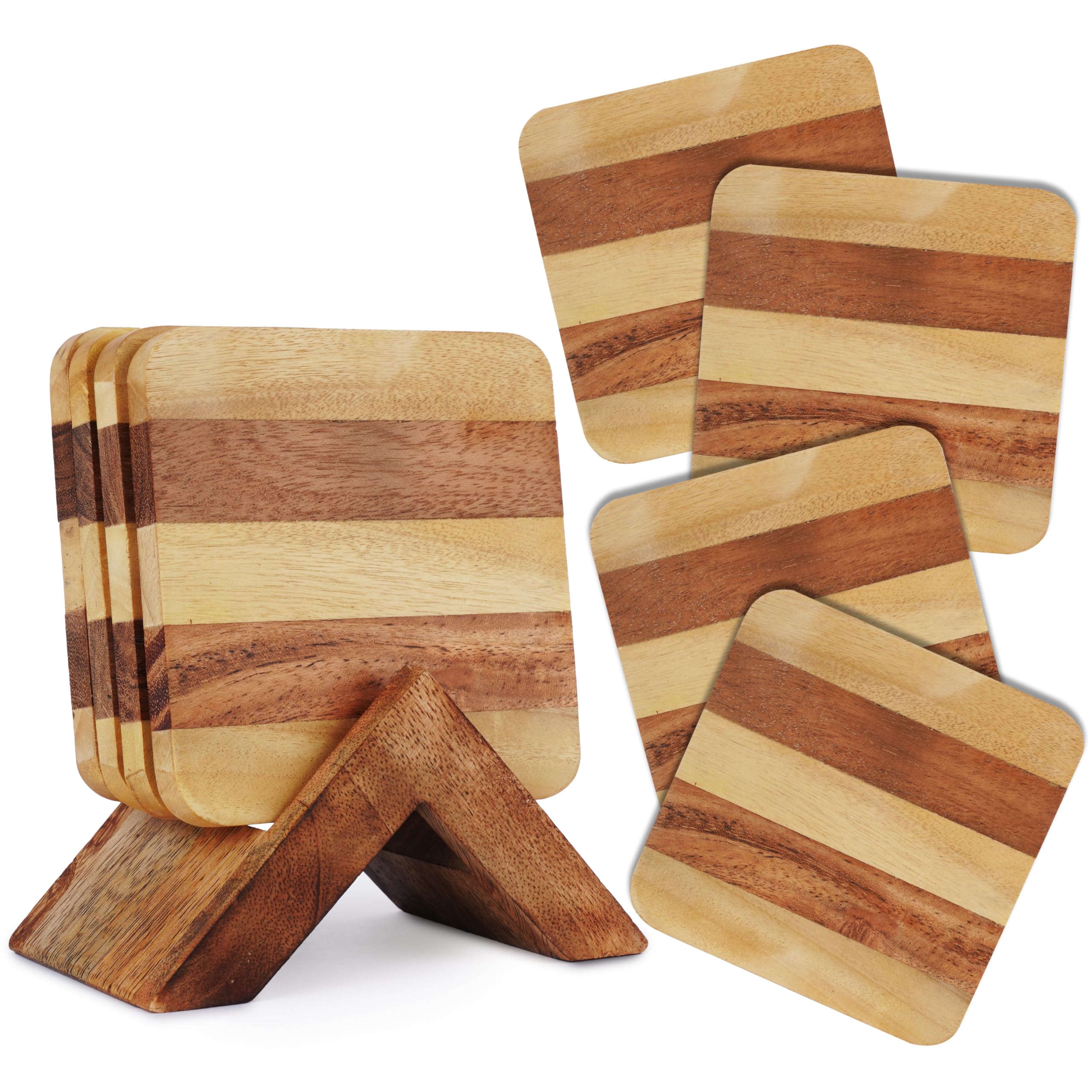 Ajuny Wooden Coasters Set of 4 with Holder for Coffee Table Home Decor - Drinking Glasses Decorative Coaster for Drinks Dining Tabletop Protection Decor Accessories Gift - 4 Inch