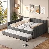 RuiSiSi Queen Upholstered Daybed with Trundle, Space Saving Daybed with USB Ports, Upholstered Platform Bed Frame with Twin XL Trundle for Bedroom, Living Room, Dark Grey