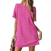 PRETTYGARDEN Women's 2026 Summer Casual Short Dresses Embroidered Lace Short Sleeve Boho Mini Dress Beach Vacation Clothes