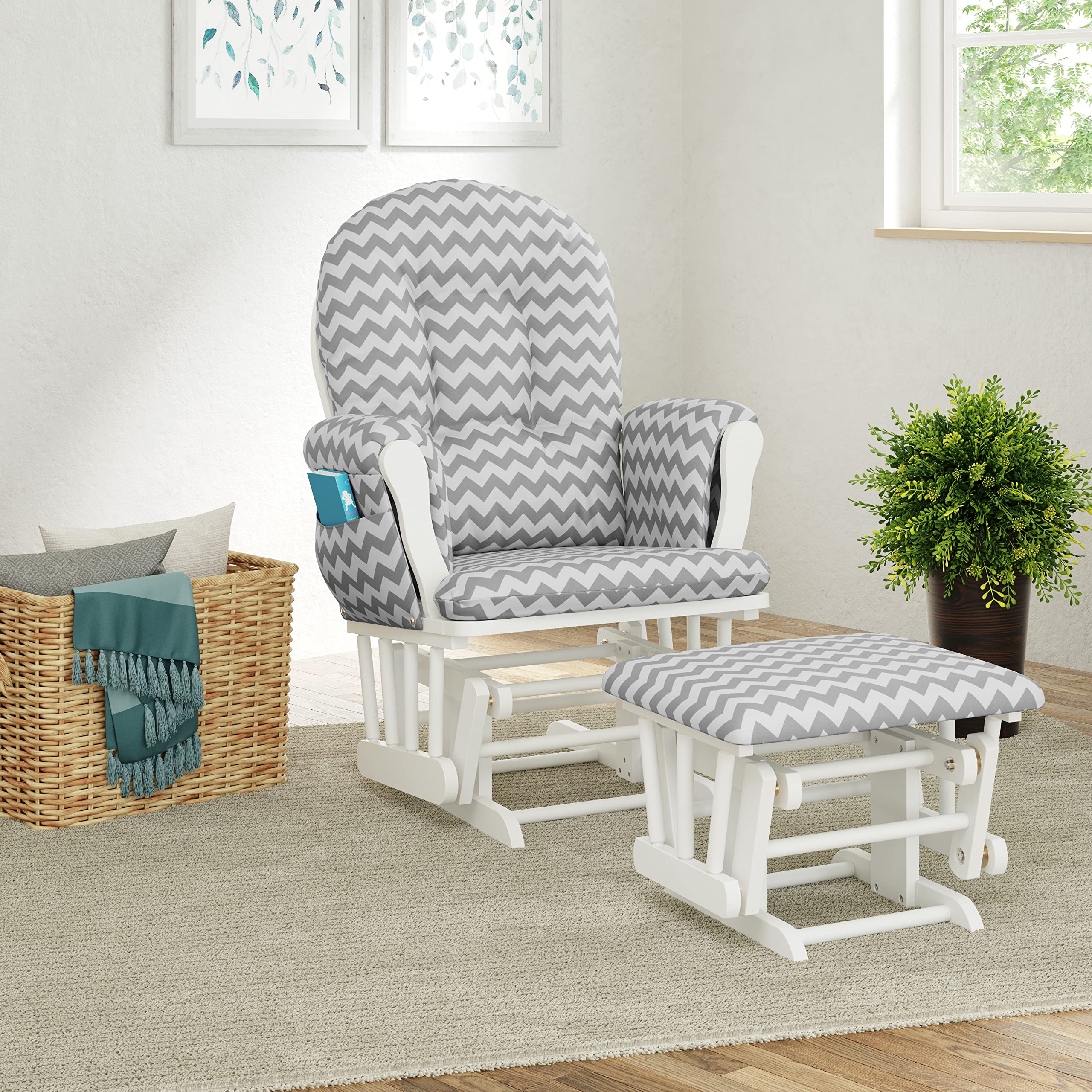 Storkcraft Premium Hoop Glider and Ottoman (White Base, Gray Chevron Cushion) – Padded Cushions with Storage Pocket, Smooth Rocking Motion, Easy to Assemble, Solid Hardwood Base
