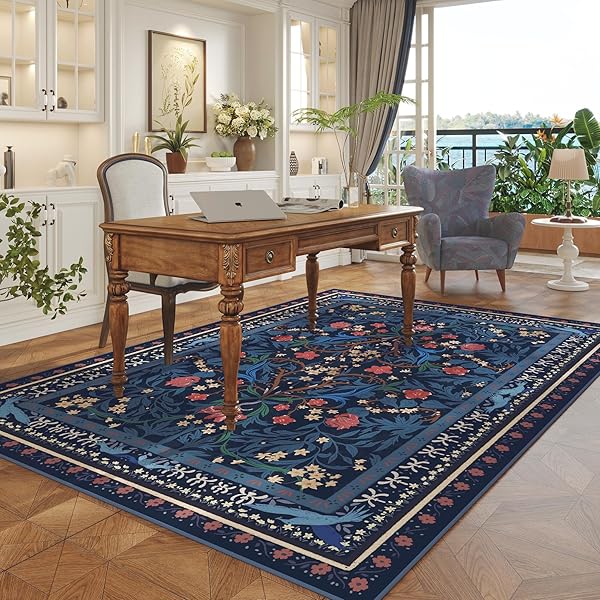 VOWKTEN AREA RUGS 8X10 FOR LIVING ROOM CLEARANCE WASHABLE VINTAGE FLORAL BOTANICAL RUG NON SLIP LOW PILE LARGE RUG FOR BEDROOM, FARMHOUSE, DINING ROOM, KIDS PLAYROOM, BLUE