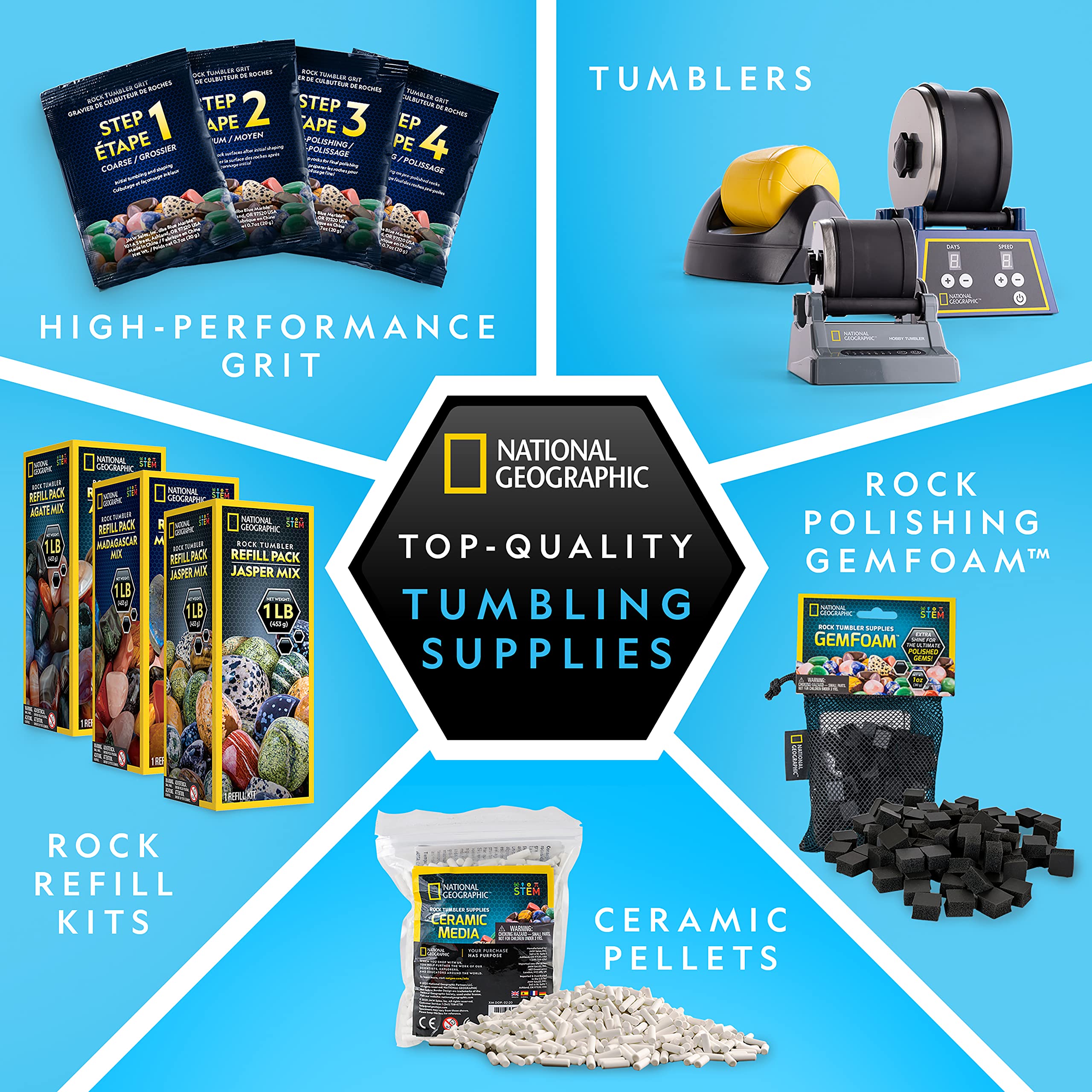 NATIONAL GEOGRAPHIC Rock Tumbler Refill Kit – 3 lbs. of Rough Gemstones and Rocks for Tumbling Including Amethyst and Quartz – Rock Tumbler Supplies Include Rock Tumbler Grit and Jewelry Accessories