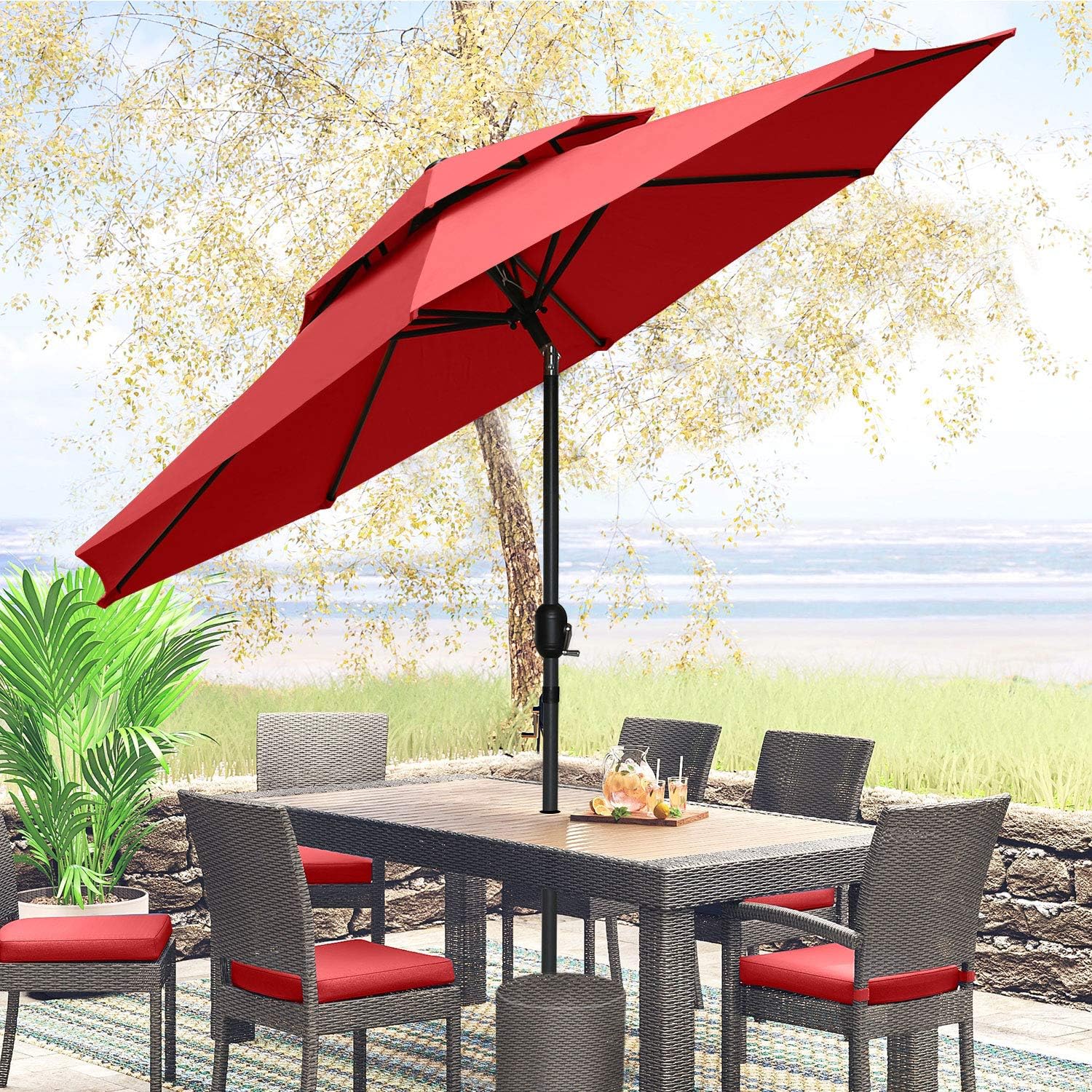 Amazon Com Patiassy 9 Feet Air Vented Double Top Patio Umbrella Outdoor With Tilt Umbrella For Balcony Garden Deck Or Backyard Pool 240 Gsm Fabric For No Fading Red Garden Outdoor
