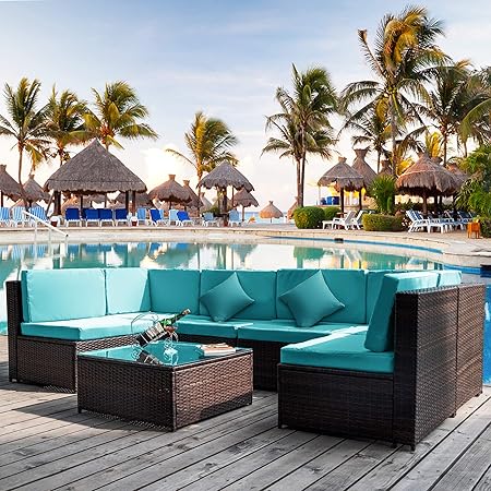 Amazon Com Patio Furniture Set Pe Rattan Wicker Sectional Sofa Set Outdoor Cushioned Garden Furniture Patio Sofa Sets 7 Pieces Blue Garden Outdoor
