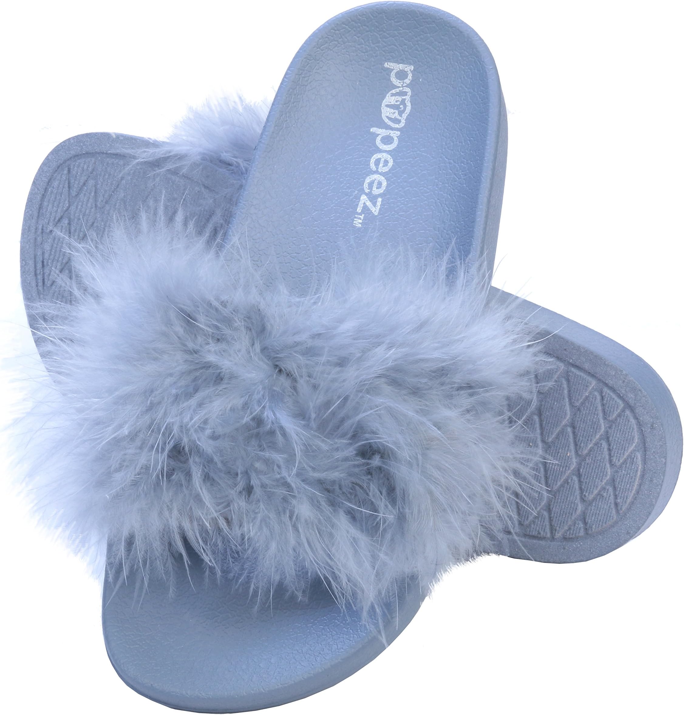 Pupeez Girls Open Toe Flip Flop Slide Slippers with Soft Faux Fur Top and Hard Sole