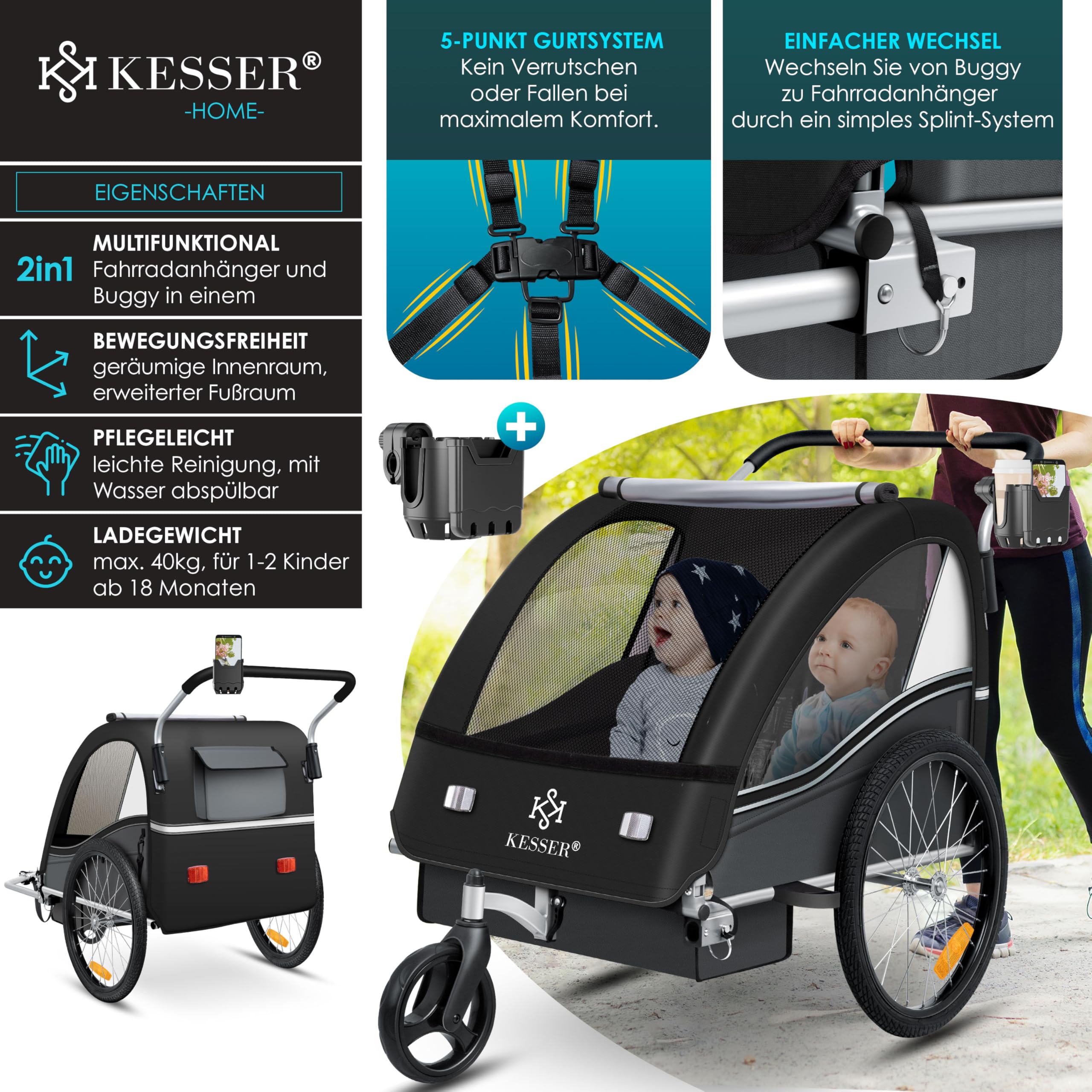 KESSER® Kinderfahrradanhänger Sport-RX 2in1 Jogger & Buggy 5-Punkt-Gurt Sicherheitsgurt 360° Vorderrad Kinderfahrradanhänger Reflektoren für 1-2 Kinder (max. 40 kg) Getränkehalter & Smartphonefach 2