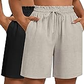 Ficerd 2 Pack Plus Size Linen Bermuda Shorts for Women Drawstring High Waisted Casual Ruffle Long Shorts with Pocket