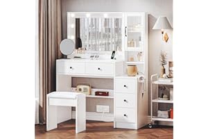 UGTOO White Vanity Table with Drawer Dresser, Farmhouse Vanity Makeup Desk with Charging Station, Vanity Desk with Lights Mirror & Drawers for Makeup, Vanity Desk with Storage Shelf & 5 Drawers