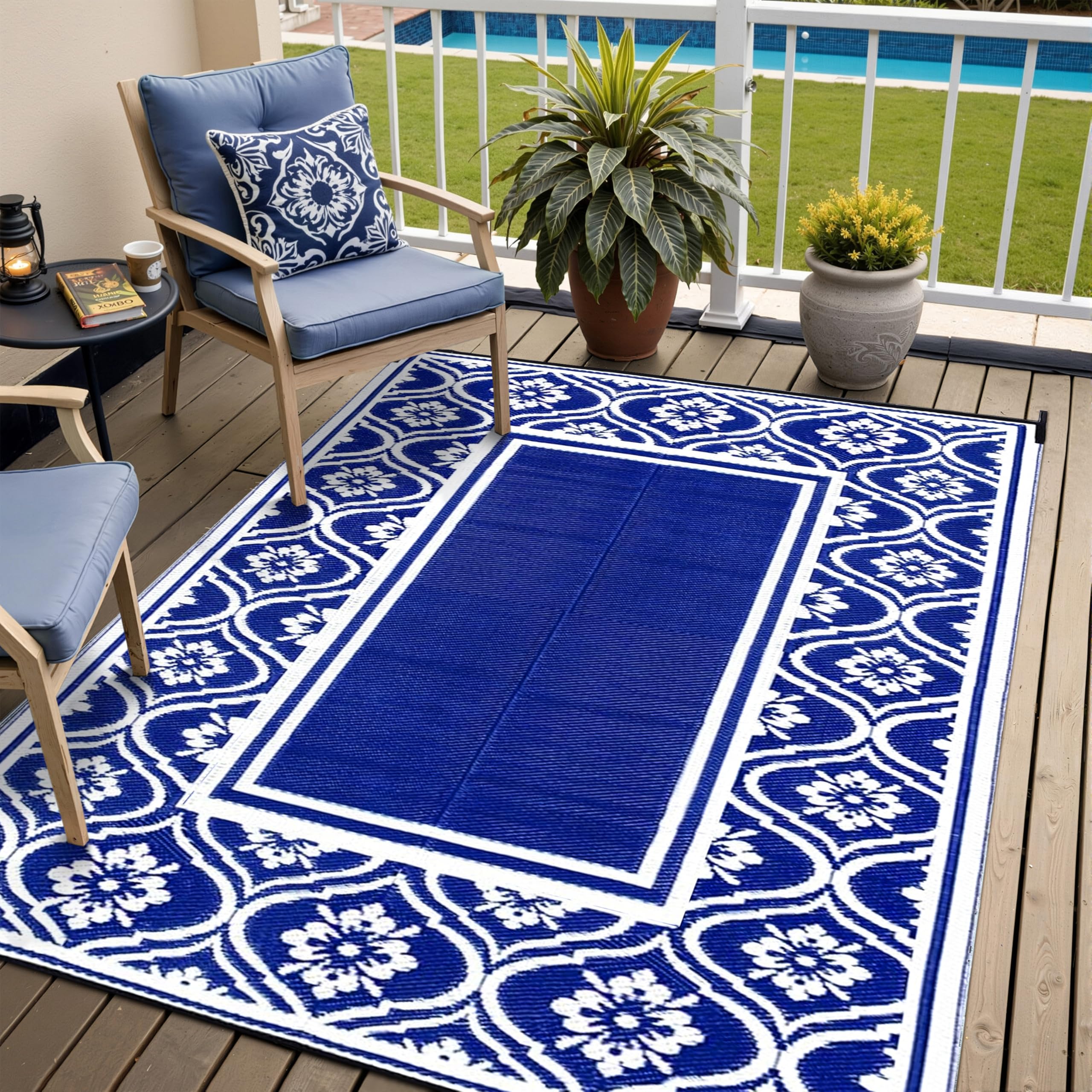 Photo 1 of HUGEAR Patio Rug 5'x8' Waterproof Outside Area Rugs Reversible Light Blue Outdoor Plastic Straw Carpet for RV Deck Camping Entryance Porch Picnic Balcony Beach