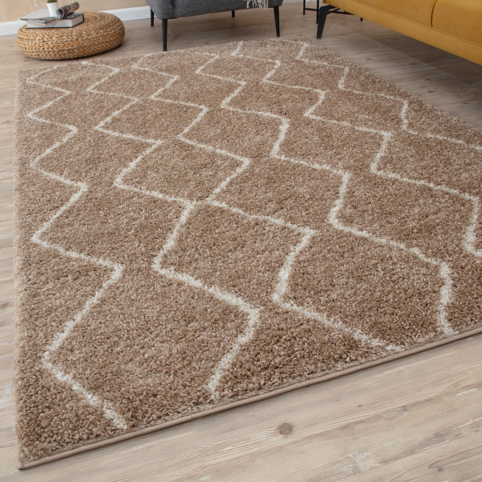THE RUGS Modern Moroccan Design Living Room and Bedroom Rugs, Non-Shedding & Easy Care (Boho Beige/Ivory, 80x150 cm)