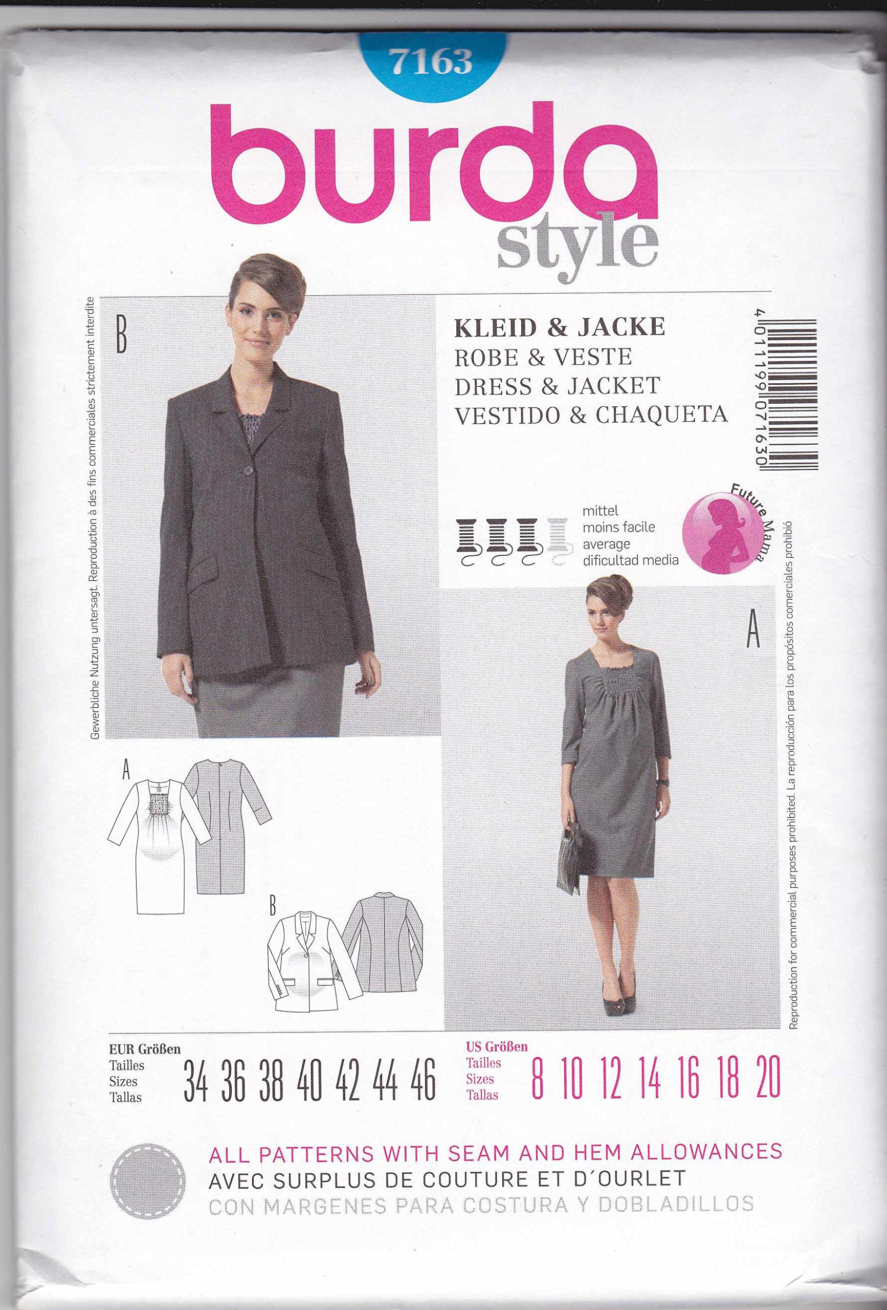 Burda Pattern for Maternity Dress with Smokeinsatz 7163 Umstandsblazer 34–46, Size