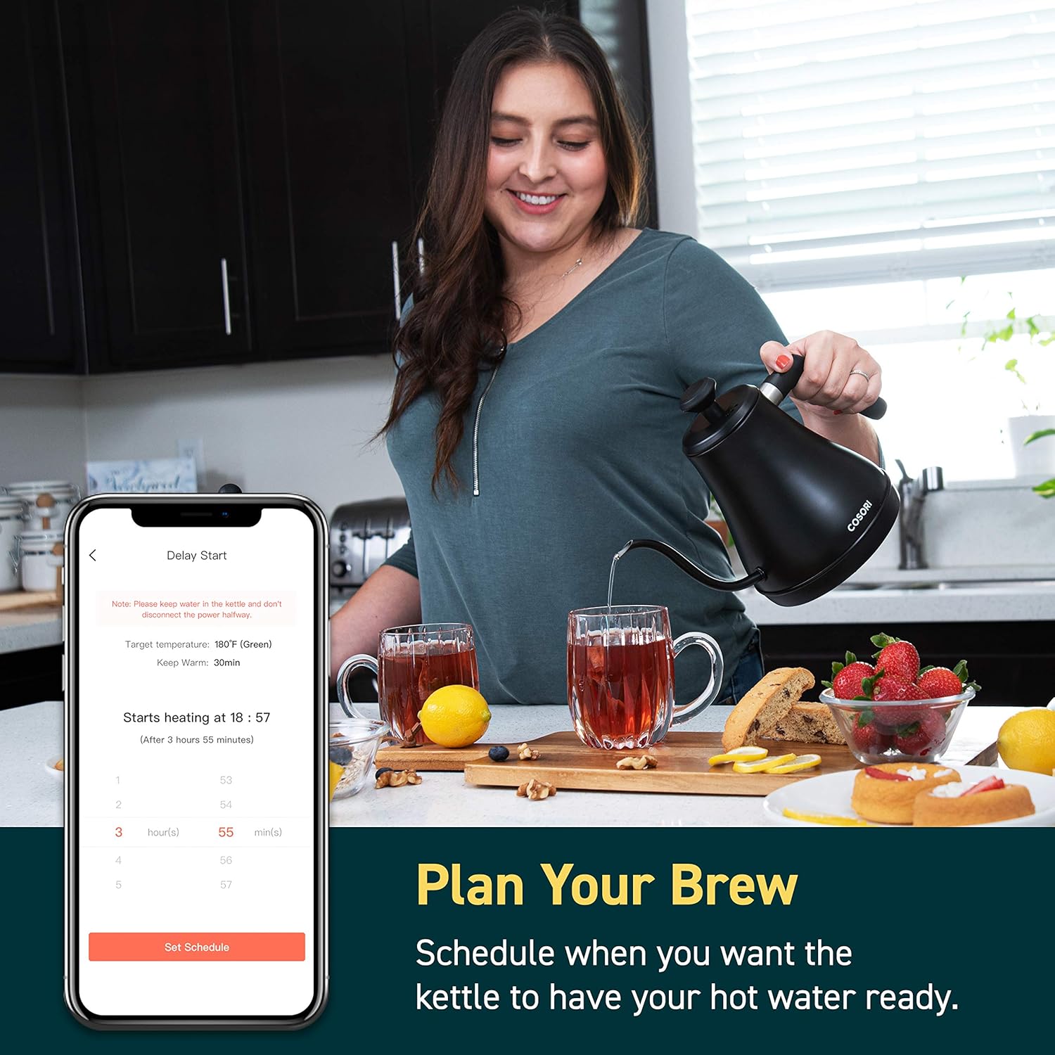 COSORI Electric Gooseneck Smart Bluetooth with Variable Temperature Control Pour Over Coffee Kettle & Tea Kettle, 100% Stainless Steel Inner Lid & Bottom, Quick Heating, 0.8L, Black: Kitchen & Dining