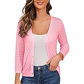 OPREXO Women's Lightweight Crochet Cardigan 3/4 Sleeve Cropped V Neck Button Shrug Knit Sweater Tops