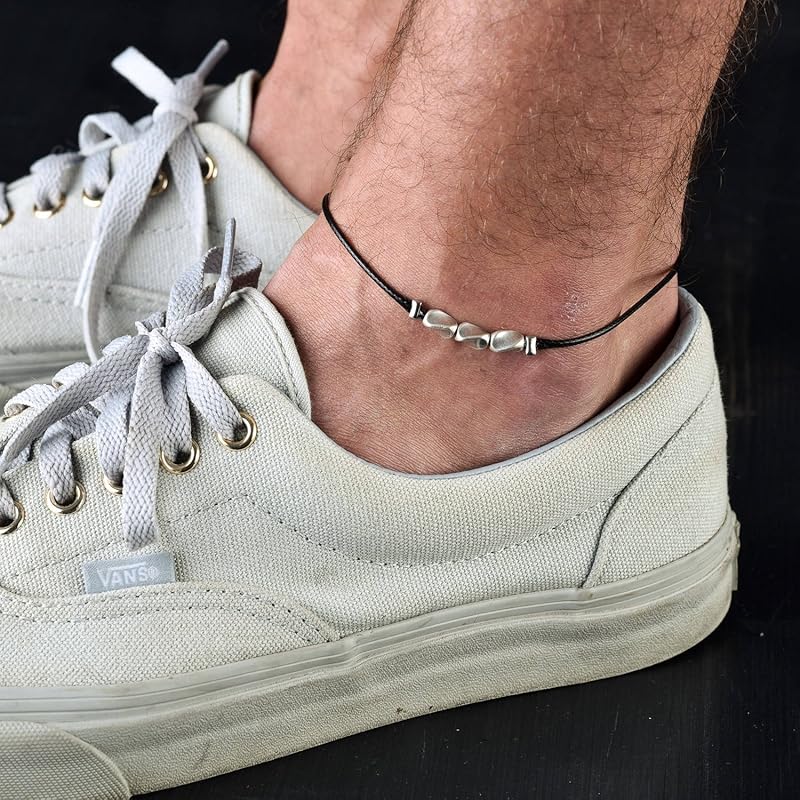 Handmade Black Anklet For Men Set With 3 Silver Plated Beads By Galis