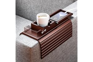 Bestjing Bamboo Couch Armrest Table, Sofa Arm Tray with Detachable Couch Cup Holder - 2 in 1 Anti-Slip Foldable Sofa Armchair Caddy Table - Cup Holder for Drinks Cellphone TV Remote Snacks(Walnut)