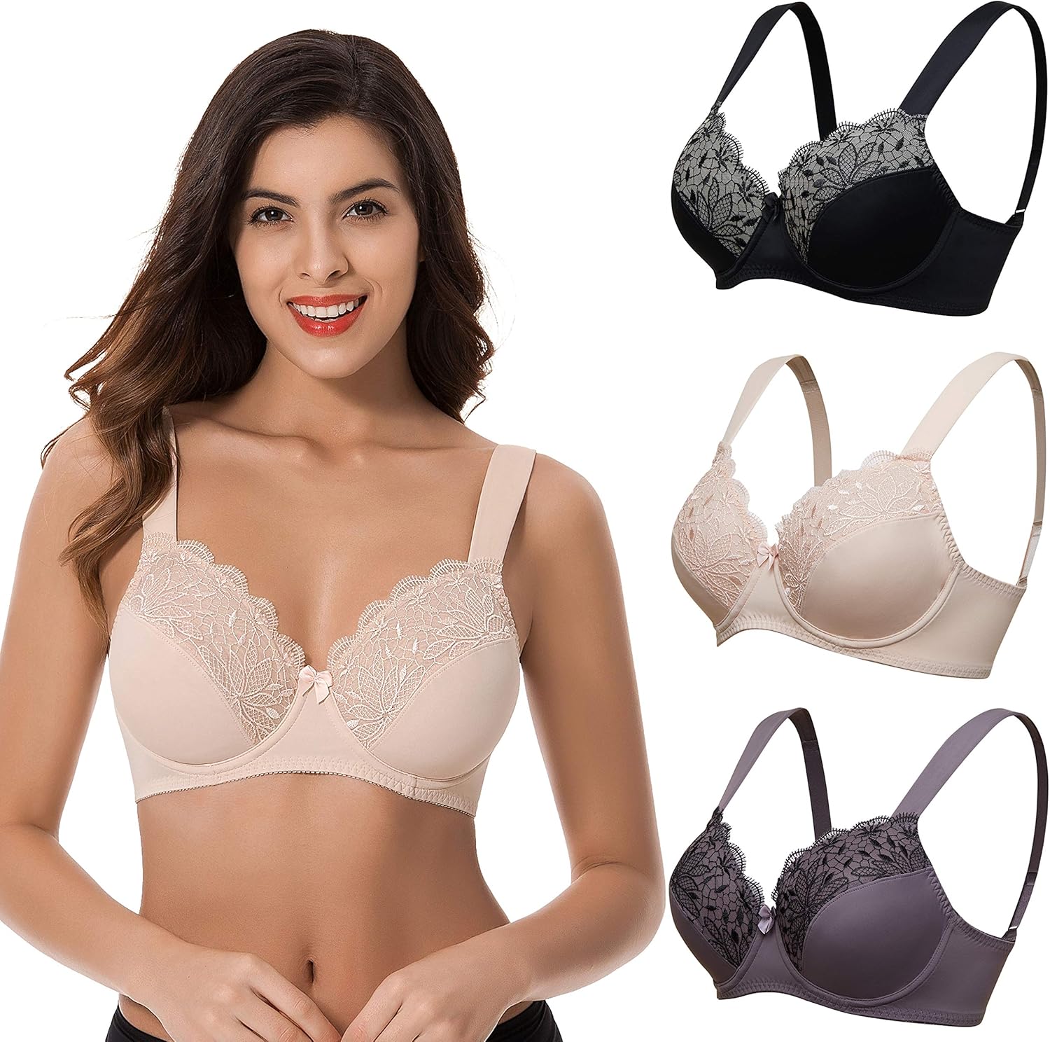 Curve Muse Plus Size Unlined Minimizer Underwire Bra with Embroidery Lace-3 Pack at  Women’s Clothing store