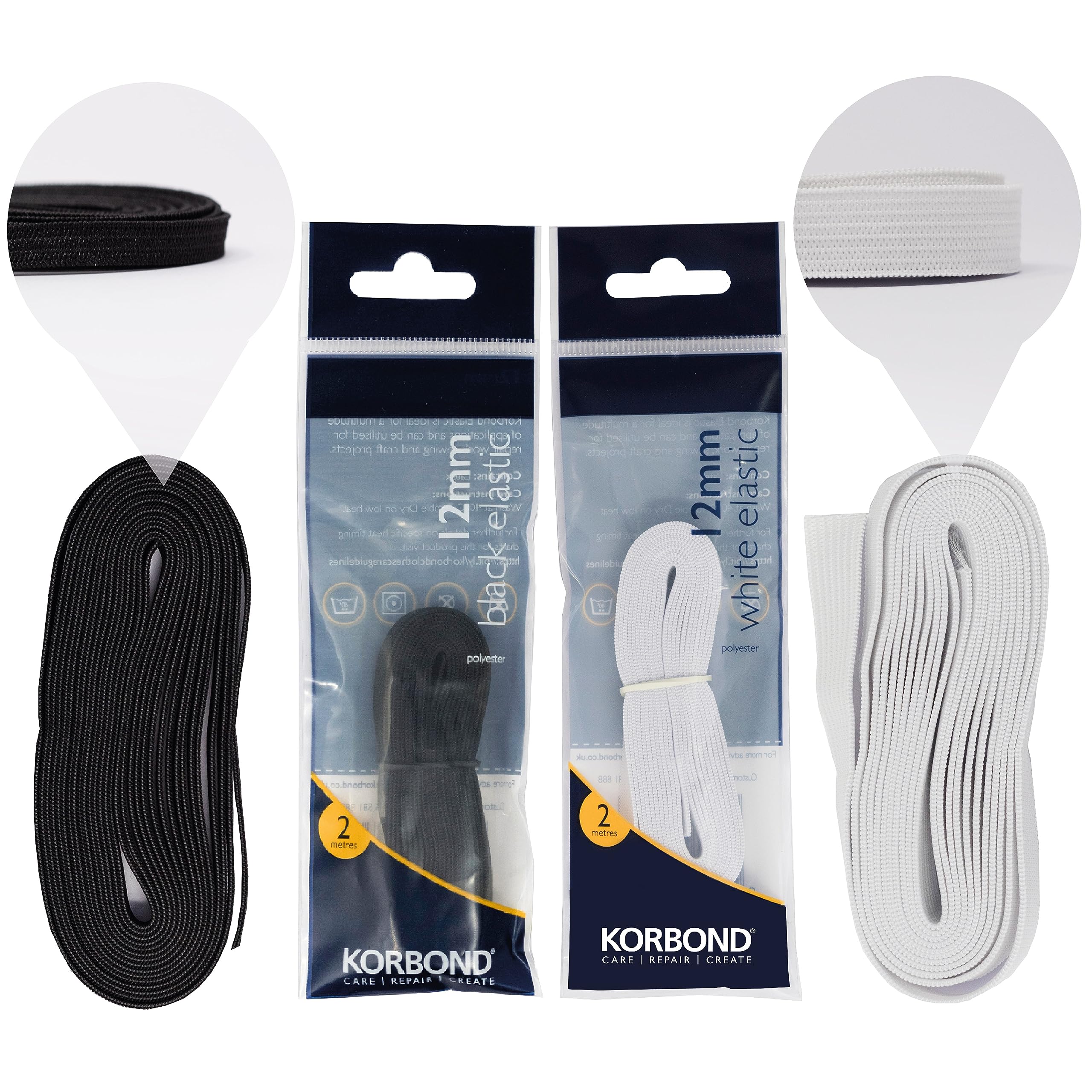 Korbond Sewing Elastic - 12mm x 2m Each - x 1 Black & x 1 White - Woven Durable Strap for Waistband, Cuffs, Crafts - Black and White Elastic for Sewing