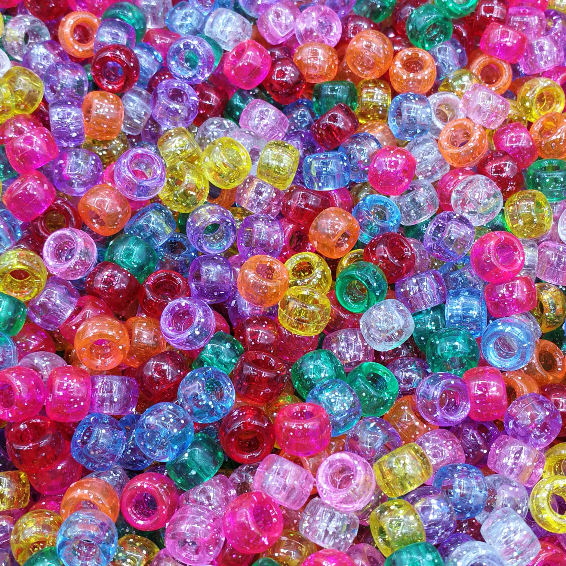 Amaney 500 Pieces Glitter Pony Beads 6x9mm Mixed Colors Transparent Plastic for Hair Braids Jewelry Making