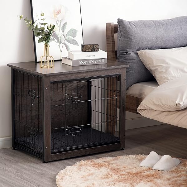 DWANTON DOG CRATE FURNITURE WITH CUSHION, WOODEN KENNEL TABLE WITH DOUBLE DOORS, INDOOR DOG HOUSE, SMALL/MEDIUM/LARGE/EXTRA LARGE SIZE, 27.2″ L, DARK GRAY