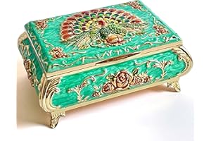 KiteStar Rectangular Vintage Jewelry Chest,Colorful Peacock Relief Metal Jewelry Box,Bracelet Necklace Earrings Ring Storage Case for Women (Light Green, Medium)