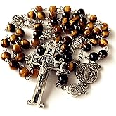 elegantmedical Catholic Nice Saint St. Benedict Tiger Eye Beads Gift Rosary Necklace Cross Jerusalem