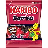 HARIBO Berries Crunchy Gummy Candy, 5 oz. Bag | Soft, chewy, crunchy gummy candy berries in raspberry and blackberry. A fun fruit shape with a crunchy outside.
