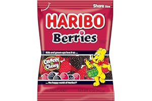 HARIBO Gummi Candy, Berries Gummy Candy, 5 Ounce Share Size Bags (Pack of 12) Delicious Soft & Crunchy, Chewy Sweet Snacks, Red & Black Berry Fruit Flavor