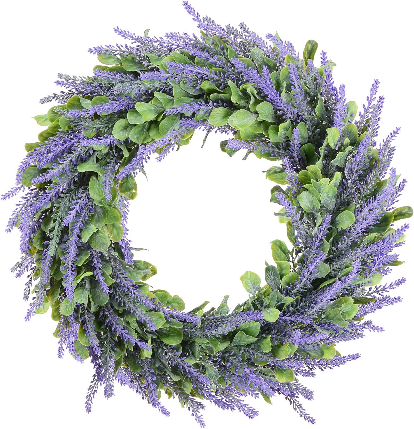 TINGOR 15'' Artificial Lavender Flower Wreath, Green Leaves Boxwood Wreath Flowers Arrangements Plastic Front Door Wreath for DIY Wall Wedding Home Décor