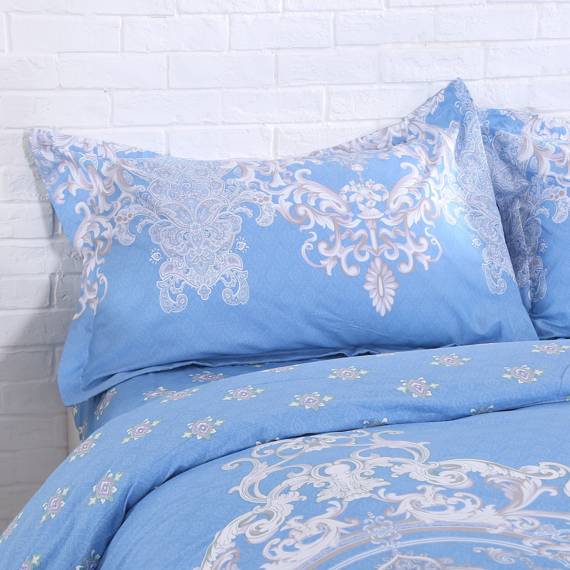 3-Piece Duvet Cover Set, Bohemian Style 100% Cotton Blue Floral Pattern Bedding Quilt Set (90\