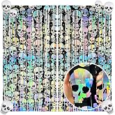 Halloween Skull Foil Fringe Curtains, 2 PCS Skull Pattern Tinsel Curtain Backdrop, Halloween Party Decorations Foil Tassel Streamers for Door Window Wall Indoor Outdoor Haunted House Photo Booth